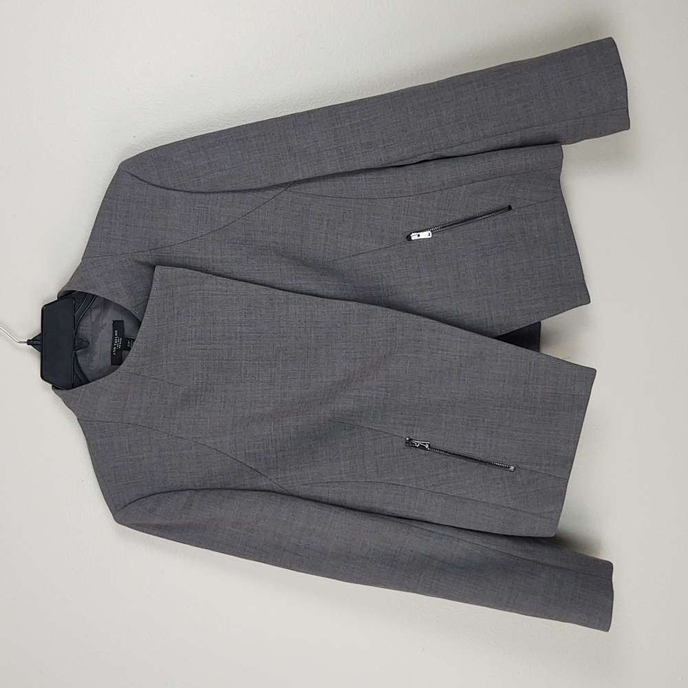 Ann Taylor Moto Blazer Jacket Asymmetrical Textured Gray Suiting Petite 12P